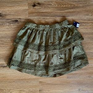 Lucky Brand Olive Green Layered Mini Skirt sz Medium NWT Goblincore Embroidered